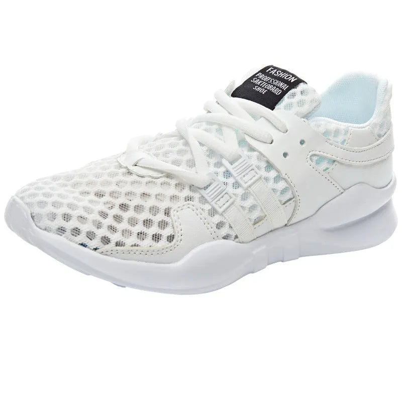 Men's low-top casual sneakers with hollow white mesh upper and round toe on a flat EVA sole.