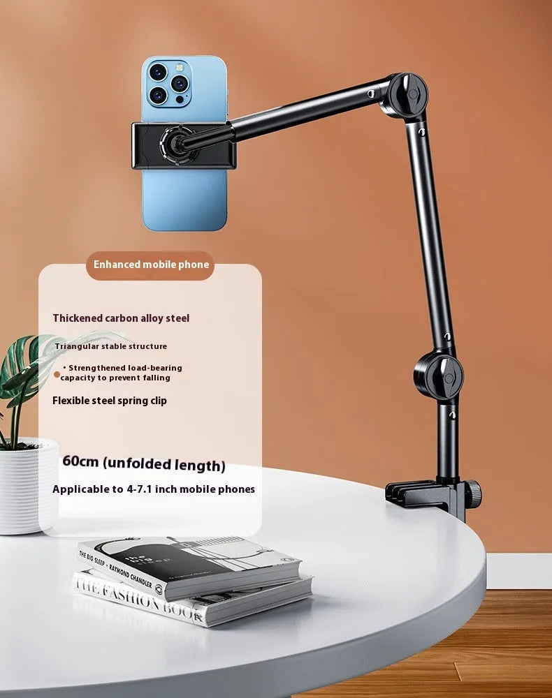 Alloy desktop bracket holding a mobile phone with adjustable arms for live streaming and shooting
