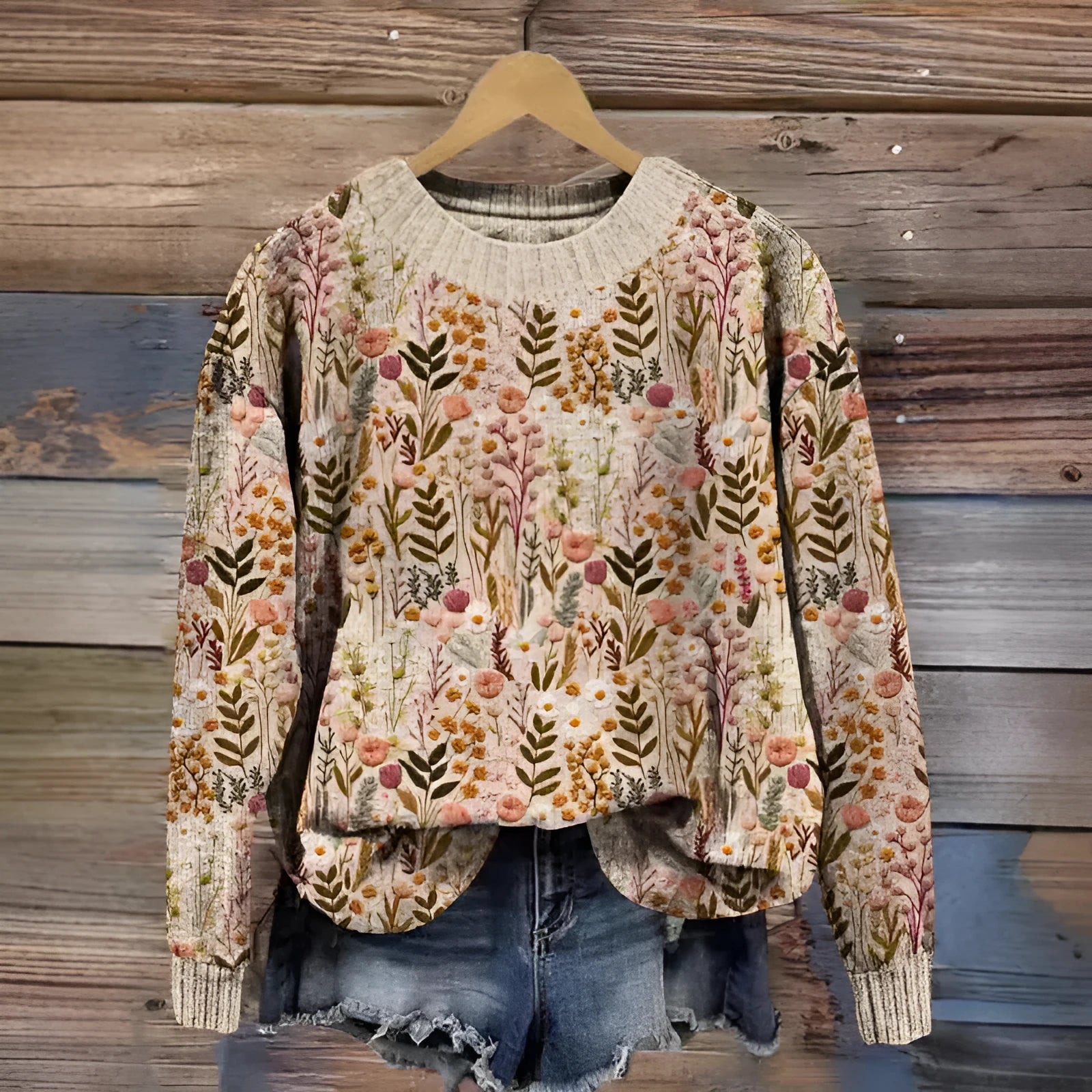 Little flower digital print on a round neck polyester sweater, shown on a hanger.