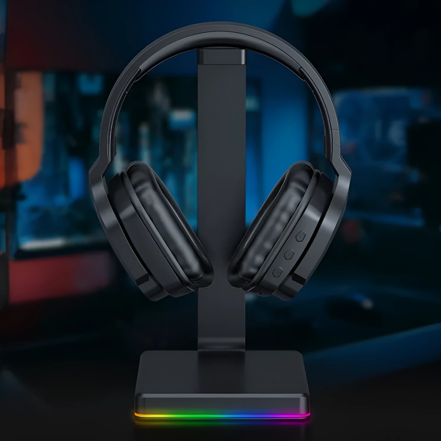Luminous black wireless headphones with head-mounted design showing 3.5mm cable and dust bag