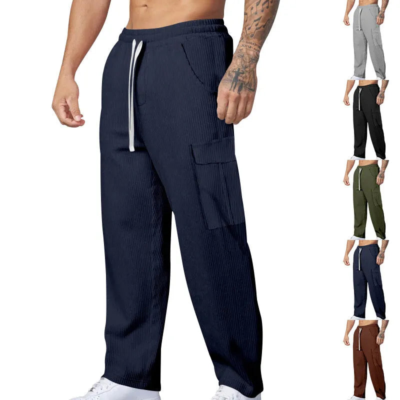 Men's corduroy cargo trousers in straight wide-leg design with drawstring waist