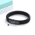 Black stainless steel memorial bracelet with woven leather design and engraved text