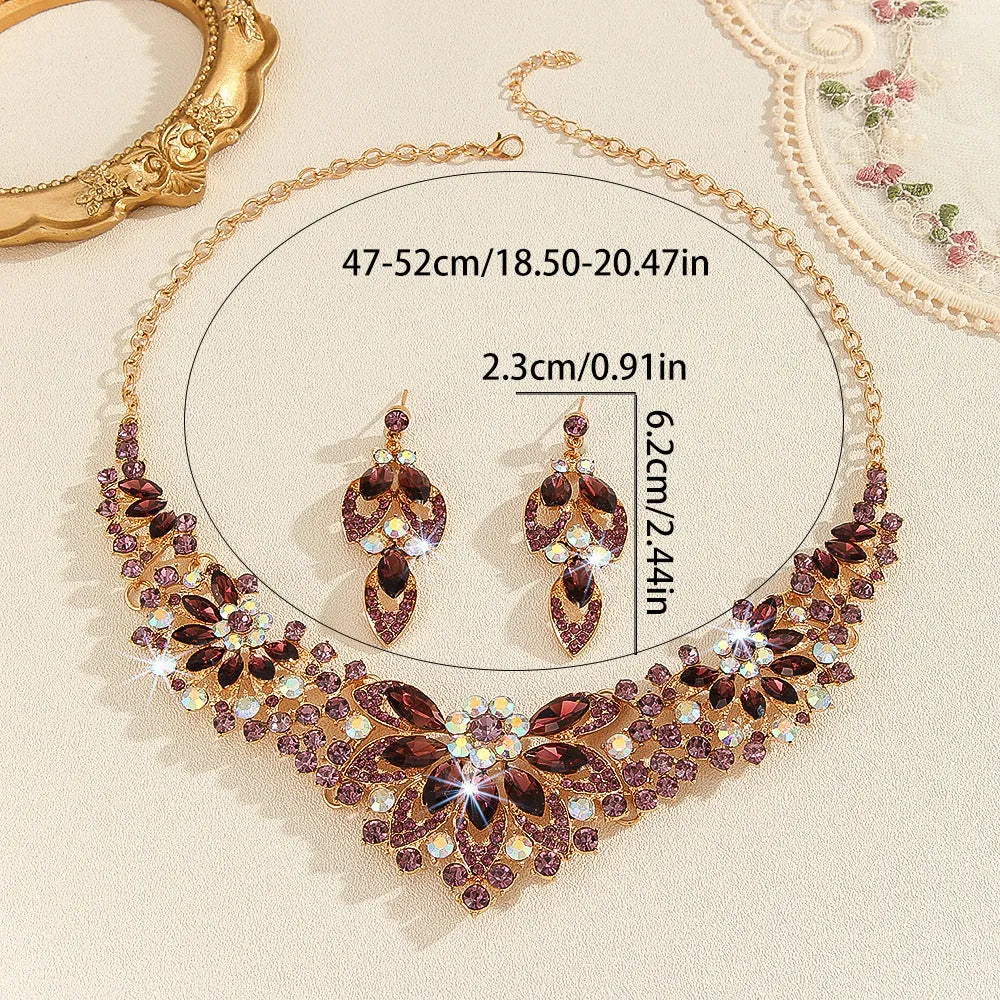 Gold high profile crystal necklace and earrings suite with exaggerated flower and wheat design on alloy