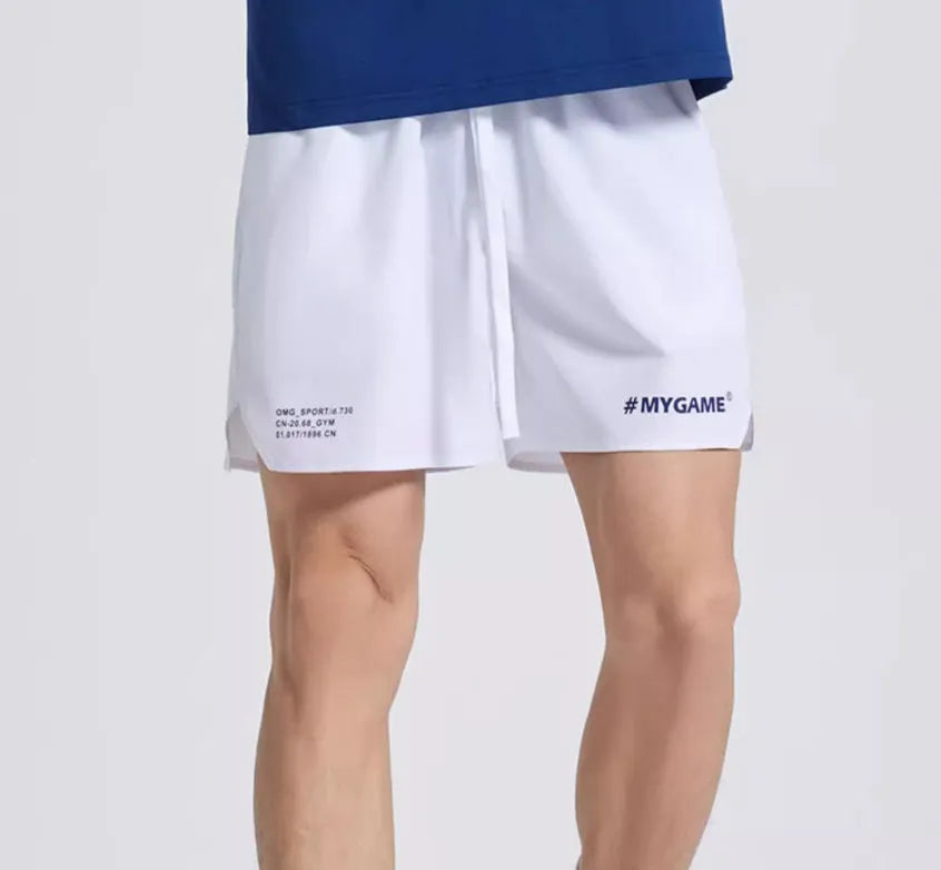 Men's fitness training shorts in blue, black, grey or white with moisture-wicking fabric