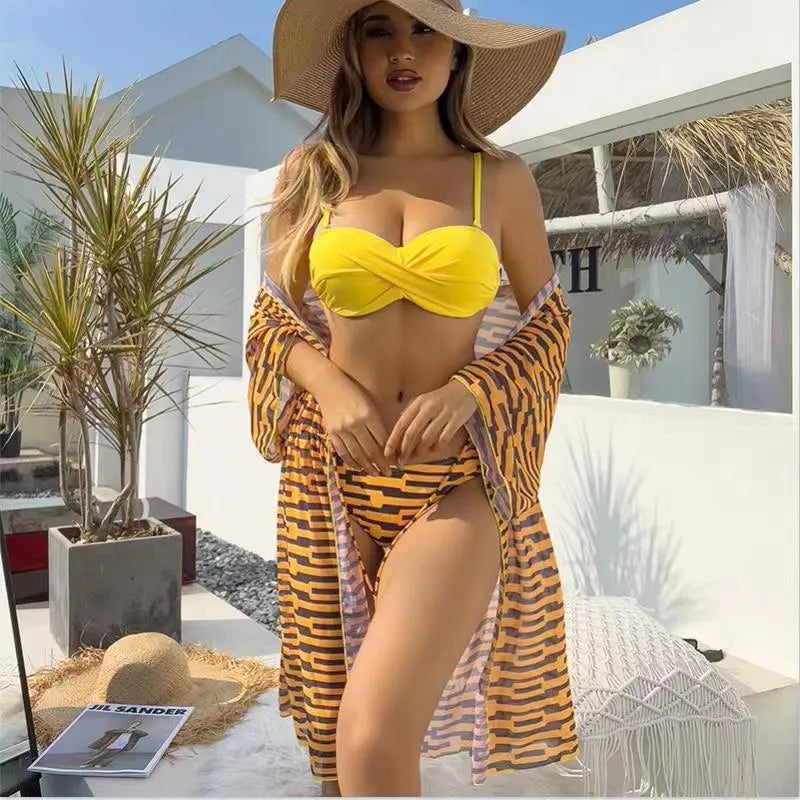 Women's striped three-piece swimsuit with mesh jacket in blue, green, orange, pink, rose red, white, yellow