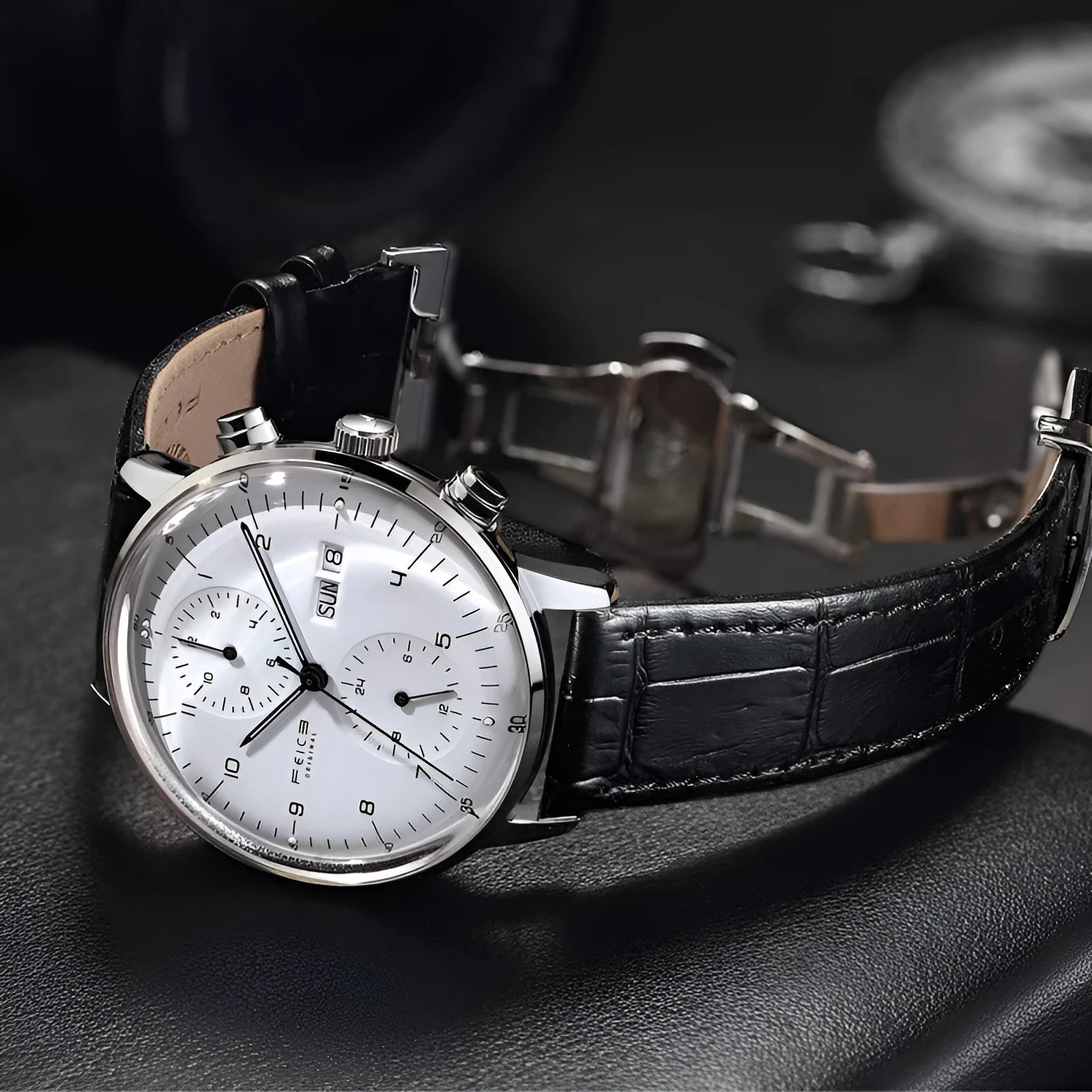 FM121 automatic mechanical watch silver case white dial black belt luminous hands 42mm
