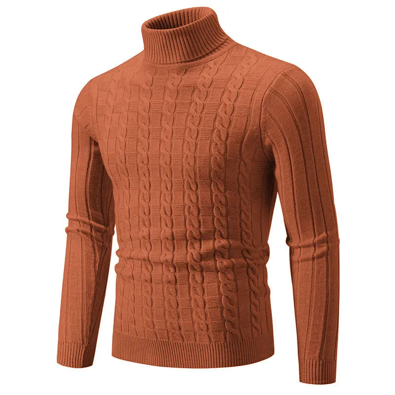 Men's slim twist turtleneck pullover sweater in chenille fabric displayed in multiple colour options