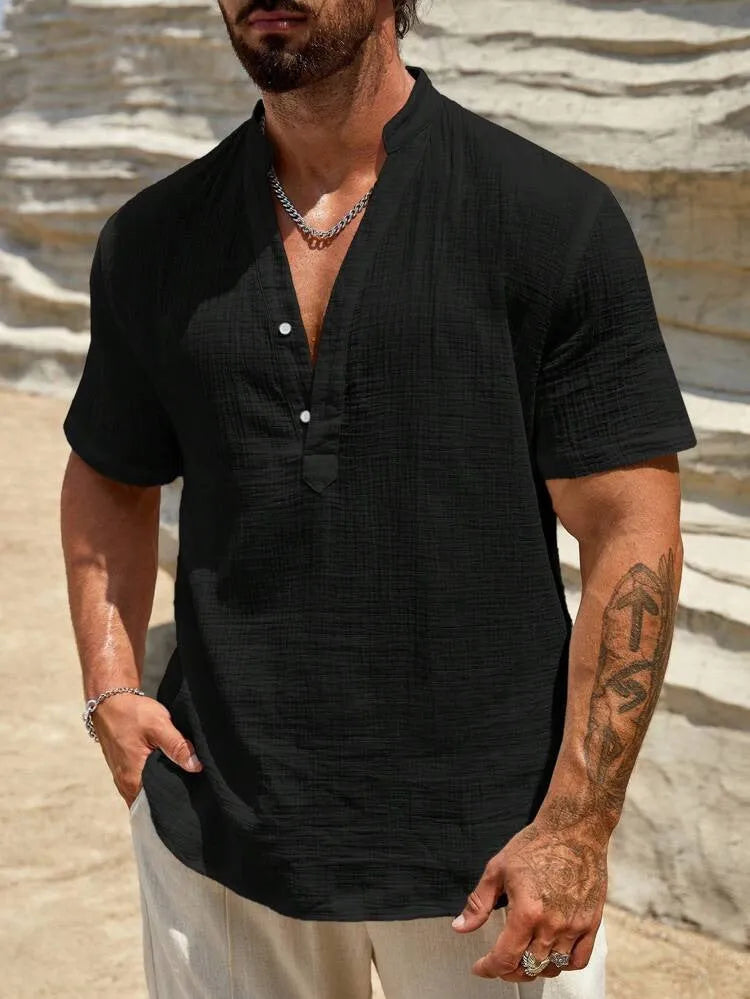 Men's light blue short-sleeved casual shirt with a stand collar.