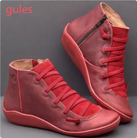 Women's casual ankle booties with a round toe, wedge heel, PU upper, and rubber sole in a selection of colours.