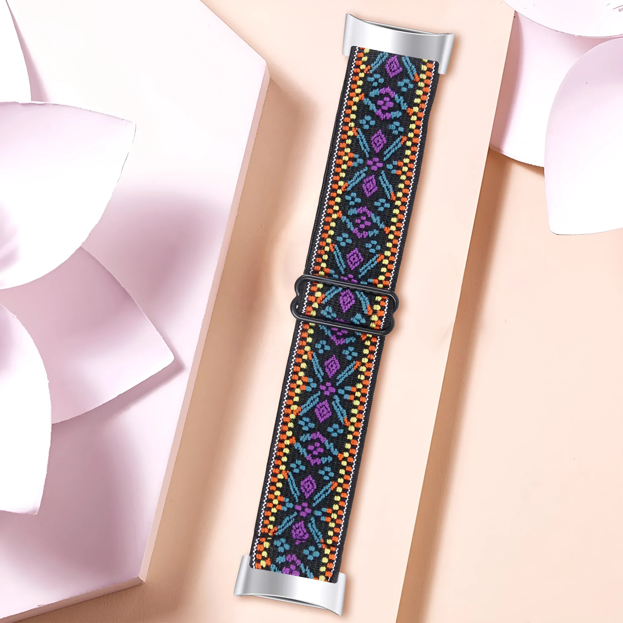 Printed elastic replacement strap for Fitbit Charge 6 watch in adjustable design with colourful patterns