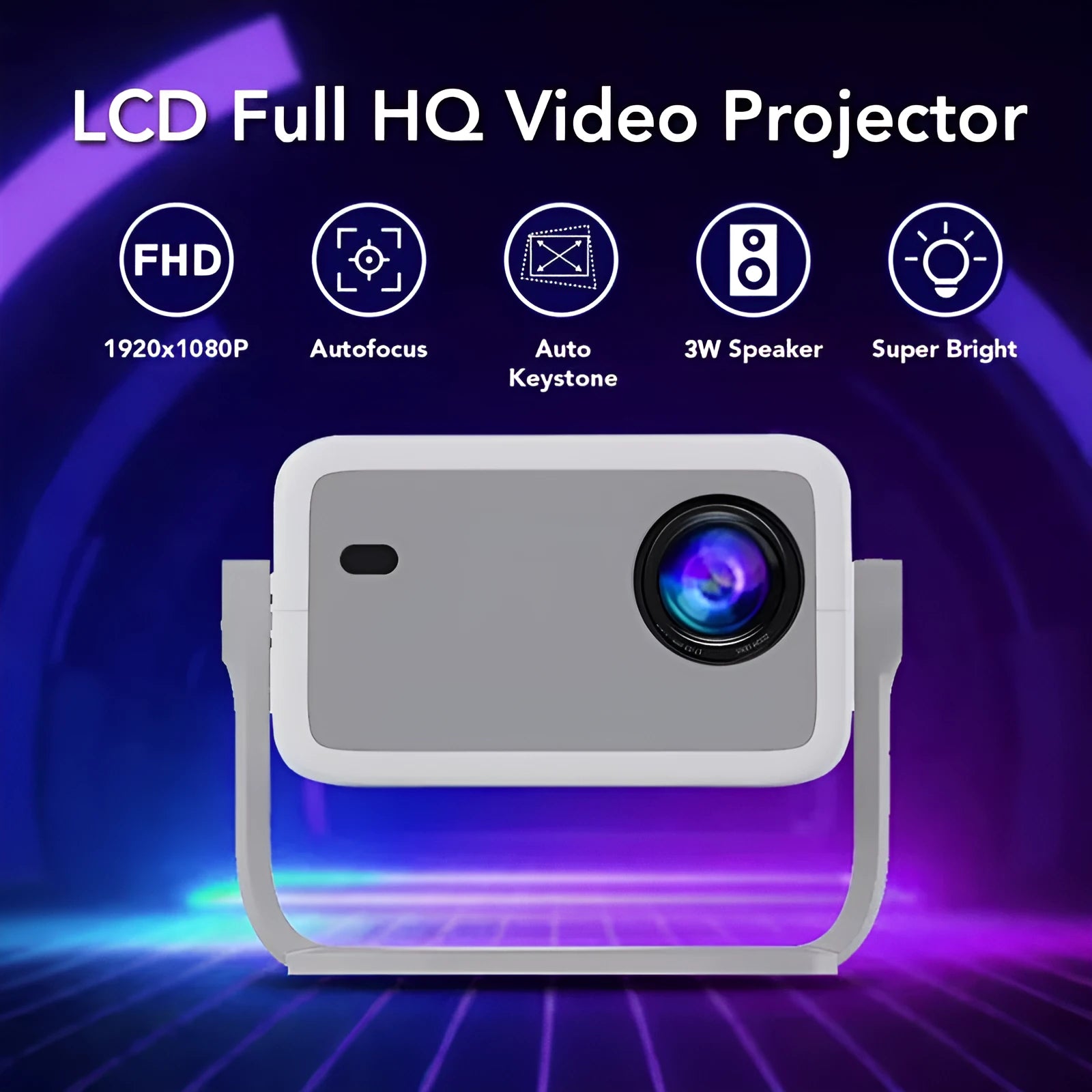 Full HD 1080p video projector with 300ANSI brightness, plastic casing, model L018AQ, black unit