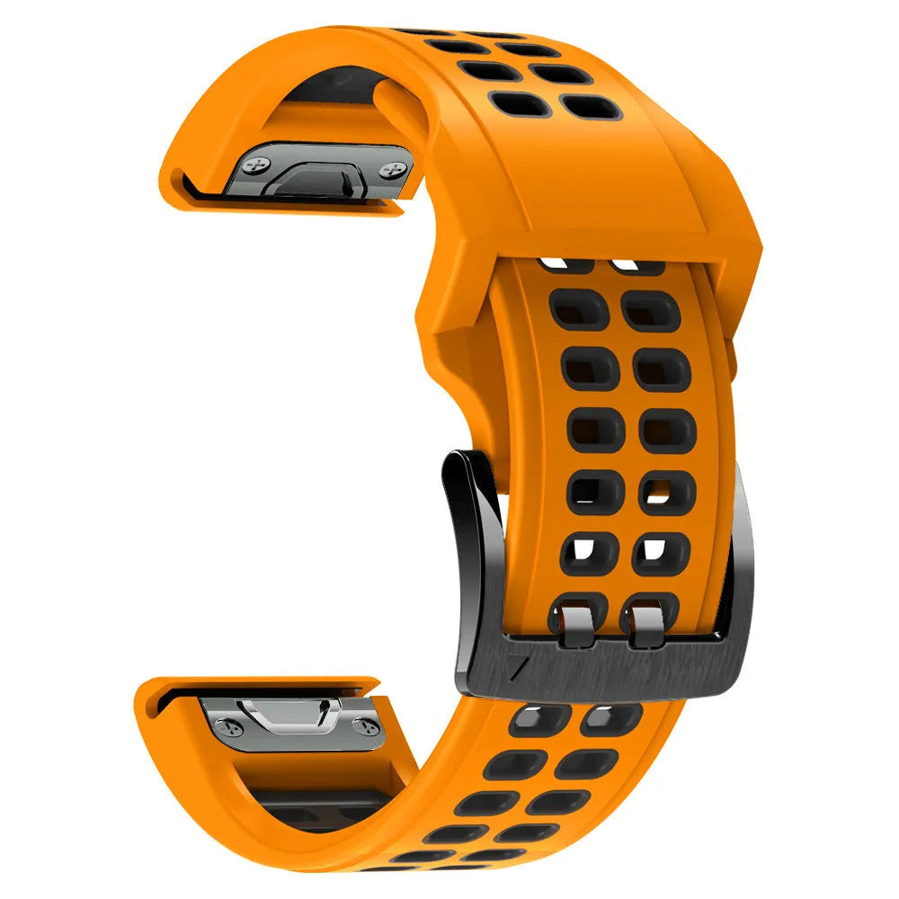 Quick release two-tone silicone watch strap shown in Army Green Black colour with pin buckle.