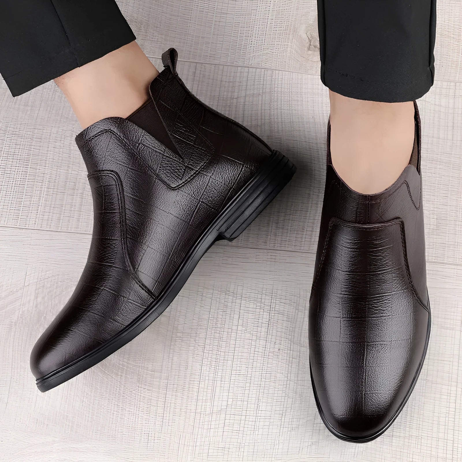 Men's casual leather boot black fleece lined first layer cowhide low heel winter