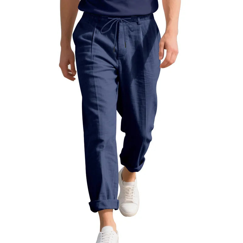 Men's linen trousers with drawstring waist in straight leg design showing army green colour option