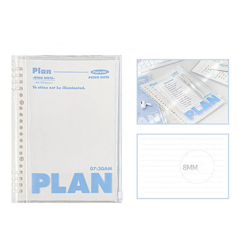 Transparent A5 PVC document canister with spiral notebook in white or blue, 148 × 210mm dimensions