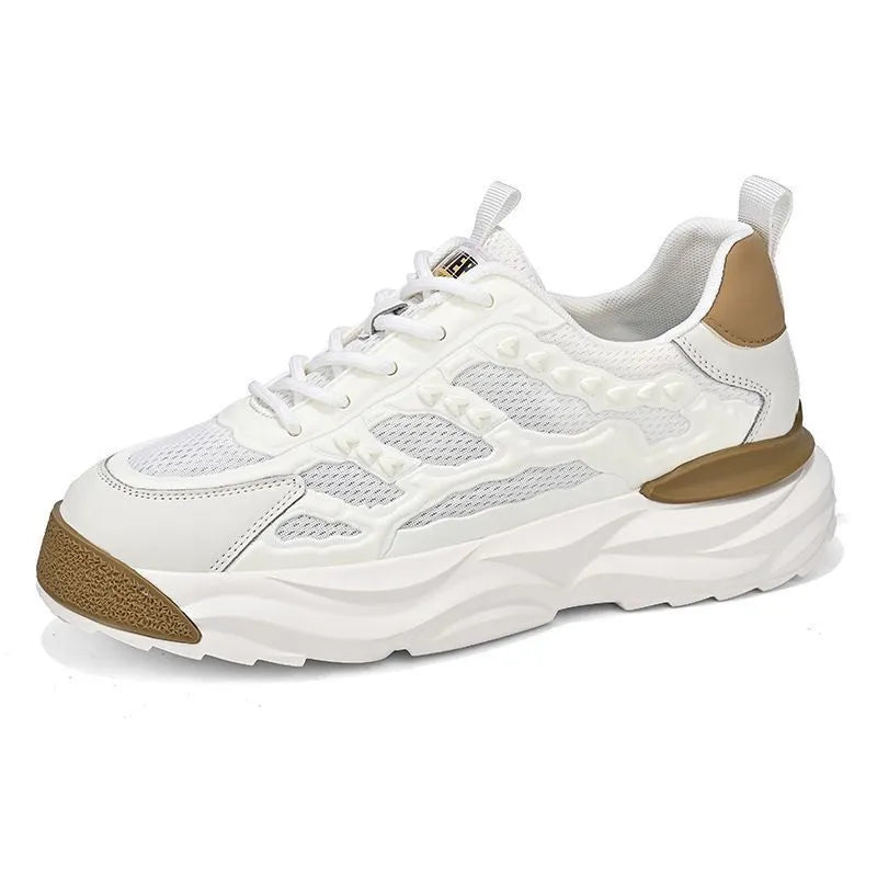 Men's white and black breathable PU mesh casual shoes with round toe, shown in sizes 39-44.