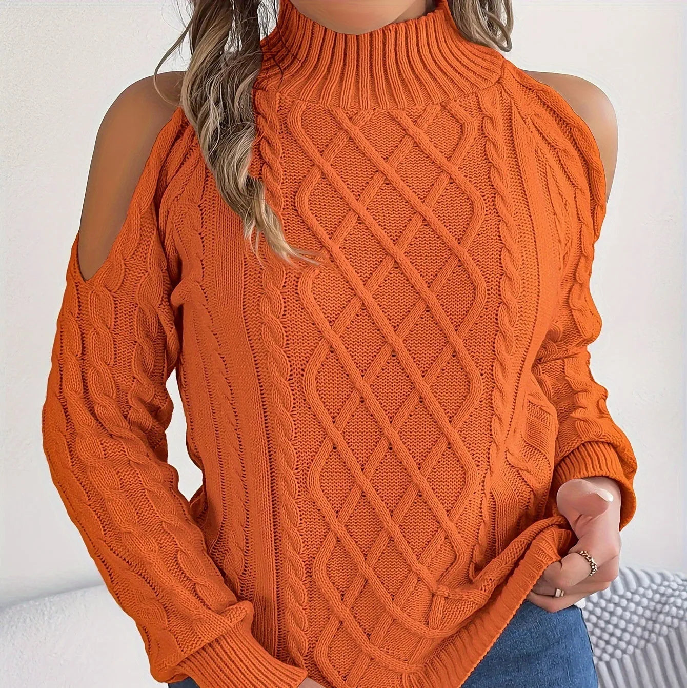 Women's grey strapless acrylic sweater with twisted pattern, half-high collar, and long lantern sleeves