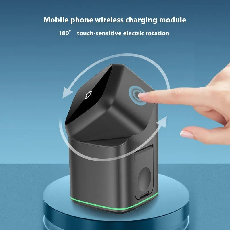 Black and silver mobile phone magnetic wireless charging stand showing 180-degree rotation capability