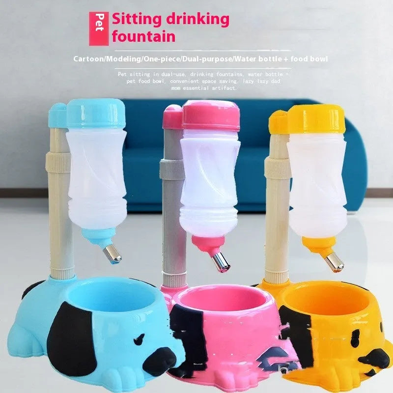 Adjustable rod-lift pet drinking bowl in pink, blue or yellow colours with height adjustment to 42 cm