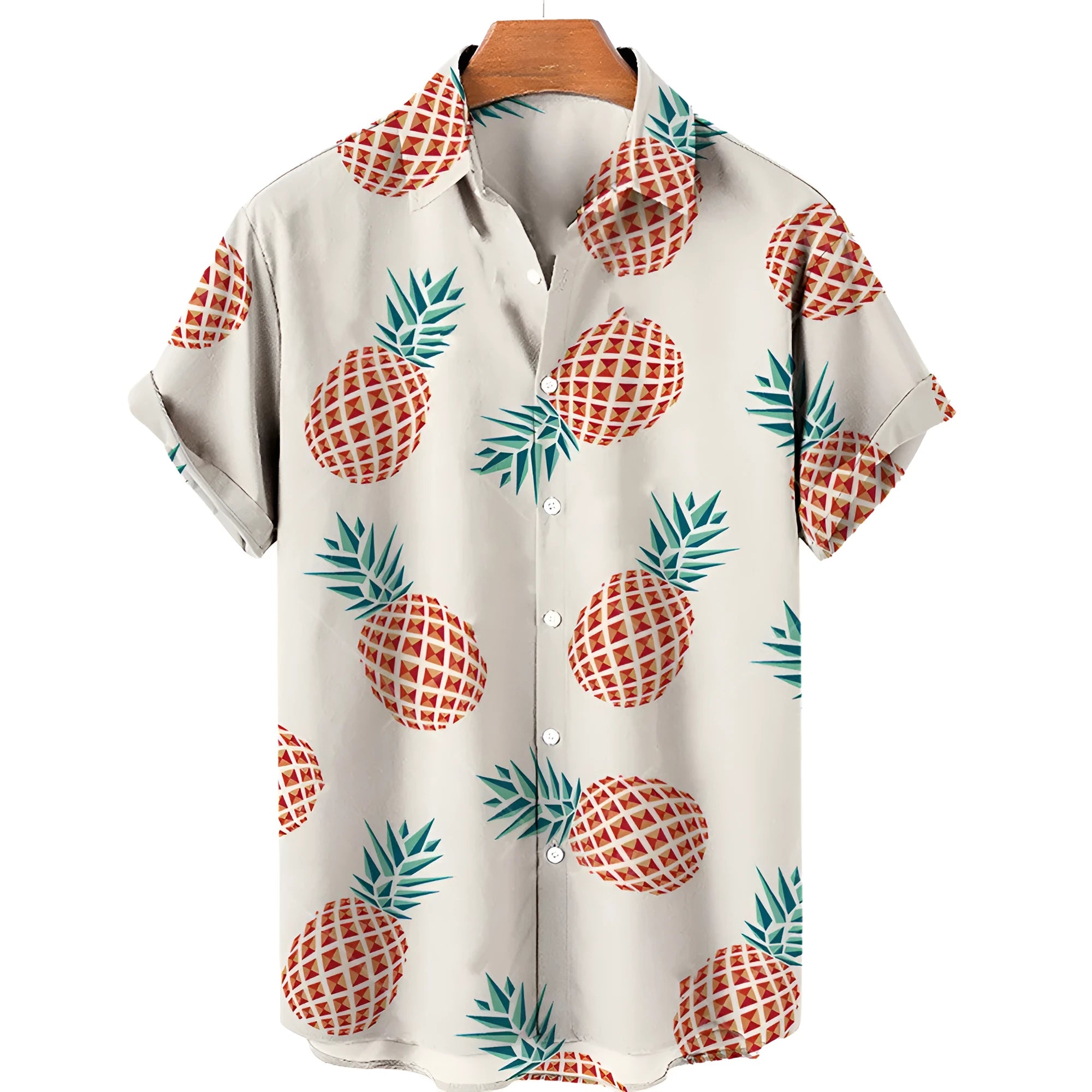 Men's casual fruit print Hawaiian shirt in apricot with short sleeves and lapel collar