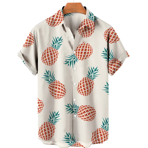 Men's casual fruit print Hawaiian shirt in apricot with short sleeves and lapel collar