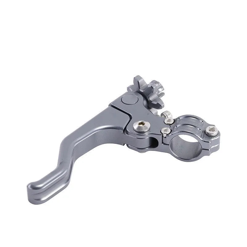 Aluminium motorcycle clutch lever in a selection of eight colours including red, black, silver, and gold.