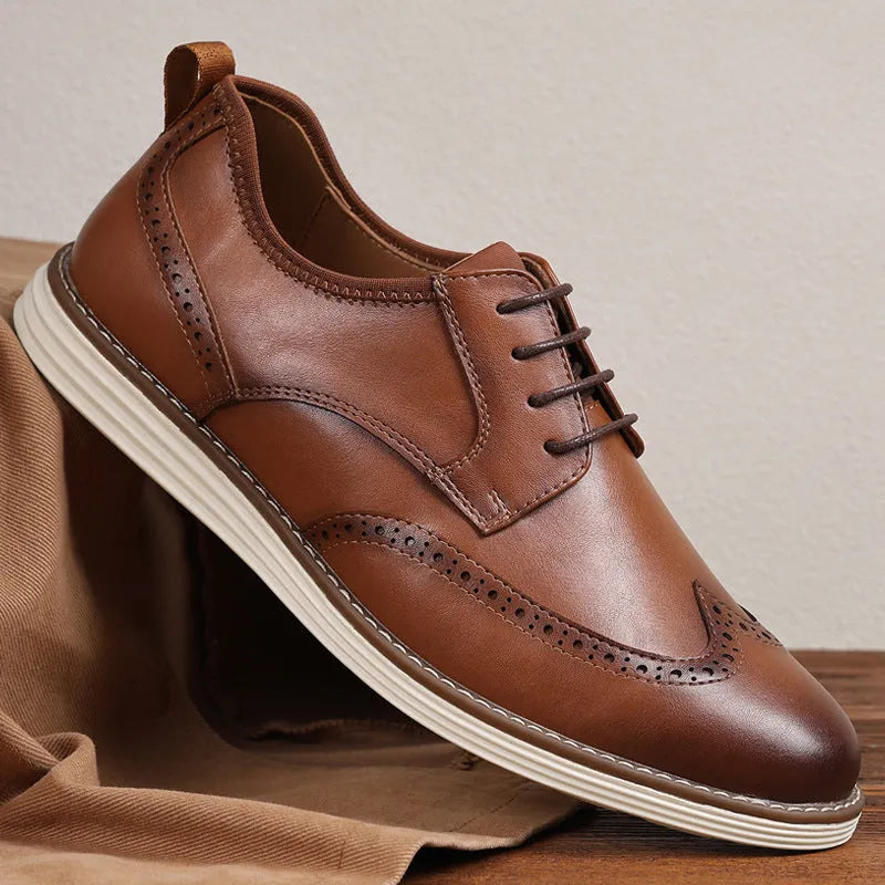 Men's black and brown slip-on business casual shoes with round toe and low-top profile