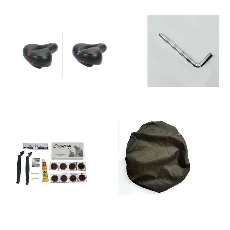 Bicycle saddle silicone gel cushion with PU leather cover, waterproof cover, wrench, and tyre repair kit.