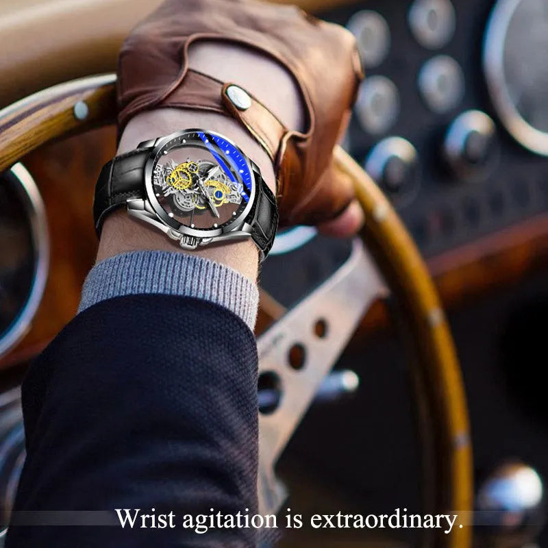 Men's skeleton quartz watch full gold steel with luminous dial and stainless steel strap