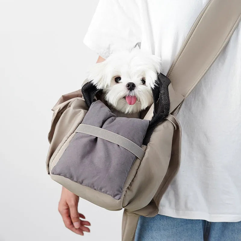Apricot cloth pet handbag measuring 41cm long for small dog or cat summer transport