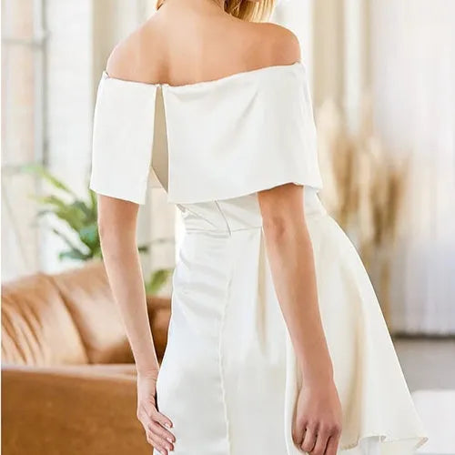 Women's solid colour strapless off-shoulder dress with high waist, lace-up detail, and patchwork skirt.