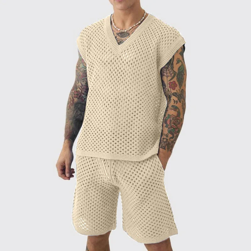 Men's blue V-neck sleeveless vest and matching shorts sports suit on a hanger