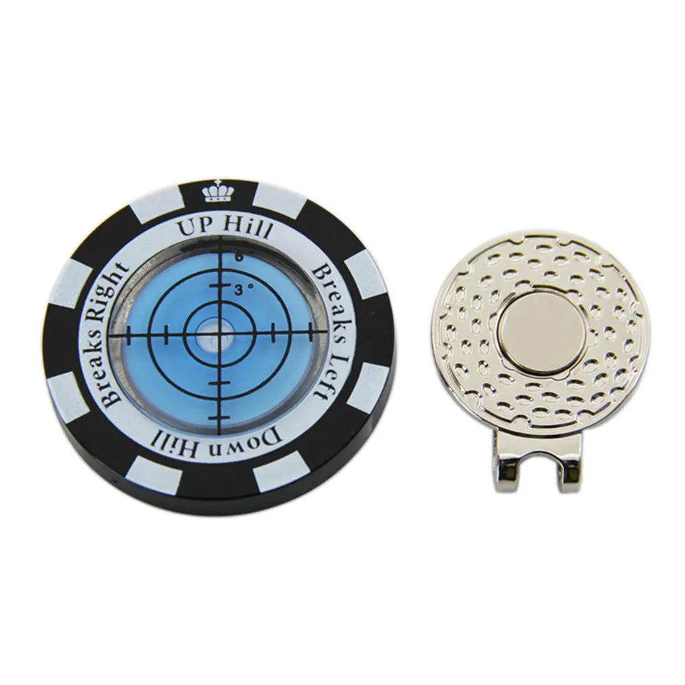 Golf level hat clip with bubble vial and position mark, shown in multiple colour variations.