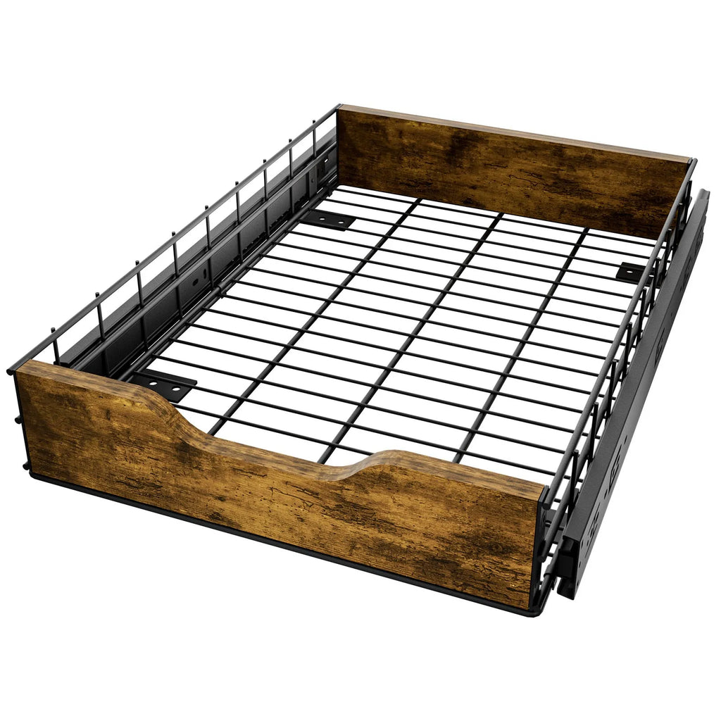 Black household storage basket drawer with wood and iron construction and pull basket design