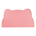 Blue silicone cat head-shaped pet feeding mat on a wooden floor.