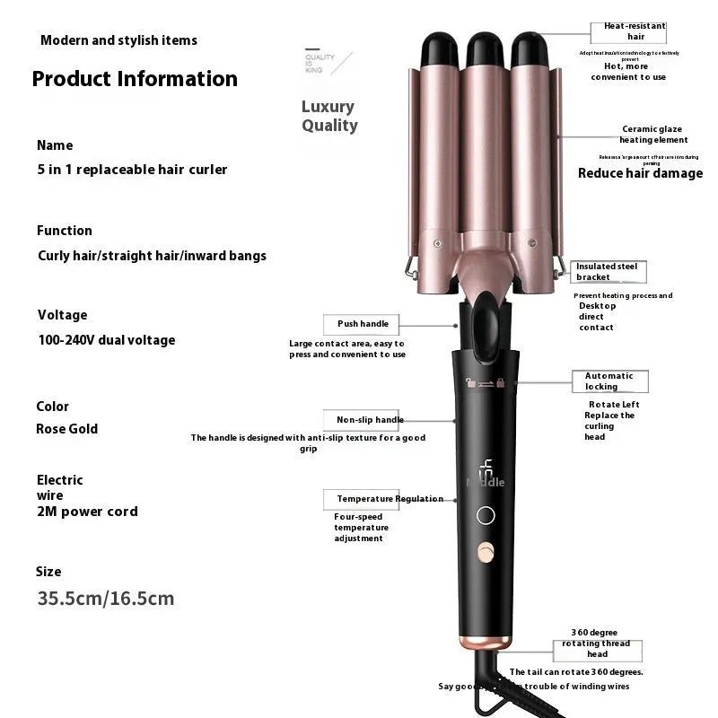 Rose gold five-in-one ceramic hair curler with LCD screen and heat-resistant glove