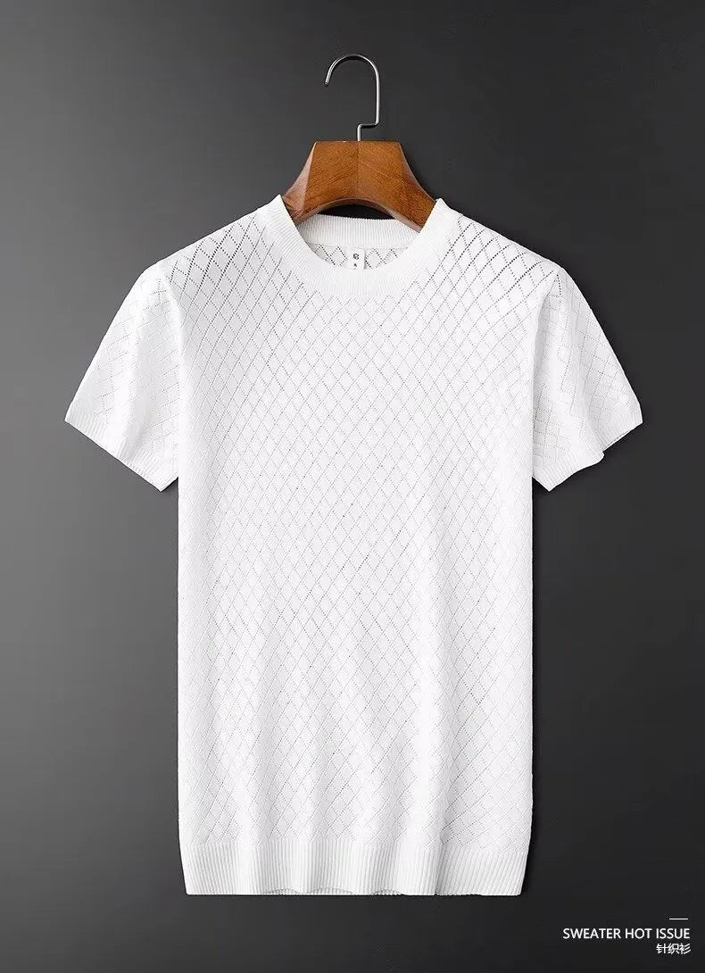 Men's ice silk cut-out T-shirt in black with V-neck design and short sleeves