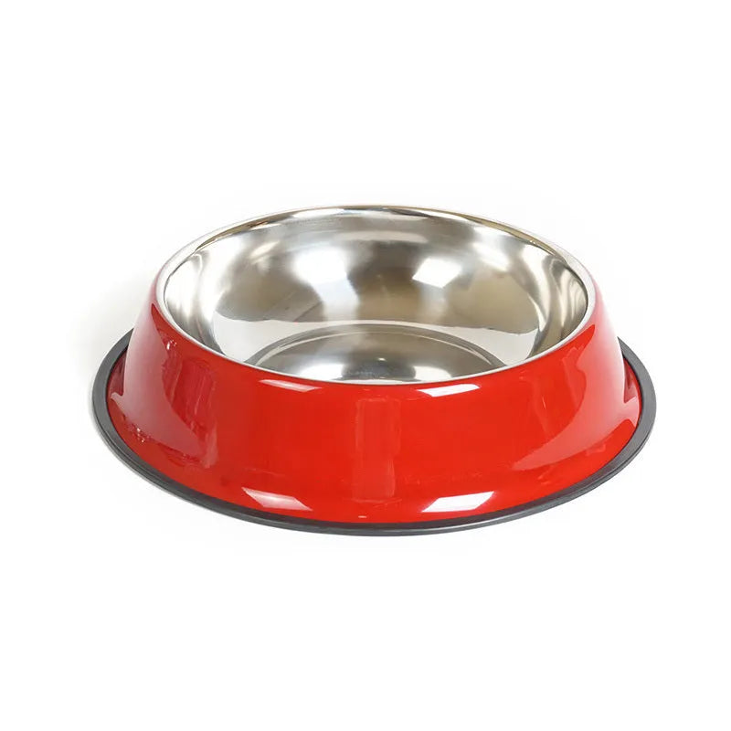 Stainless steel pet bowl with colourful melamine outer pot showing non-slip rubber base