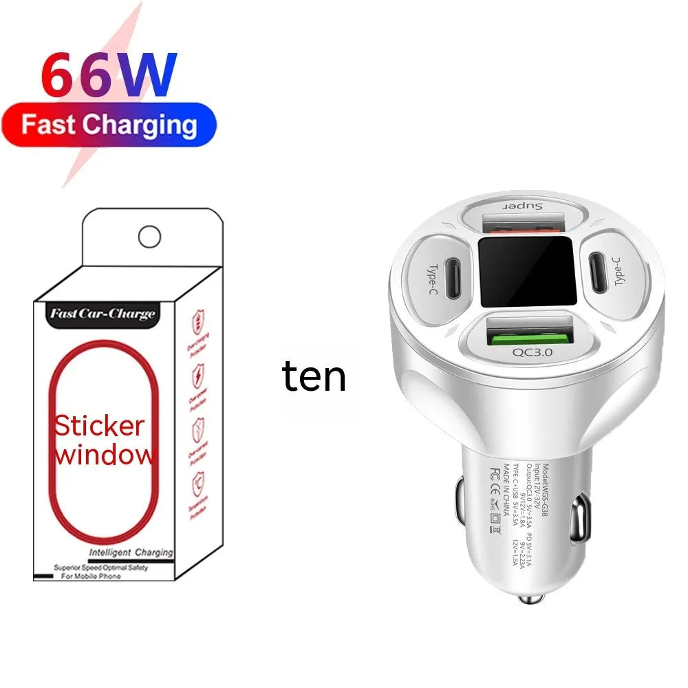 66W digital display car charger with two USB and two Type-C ports on a black background