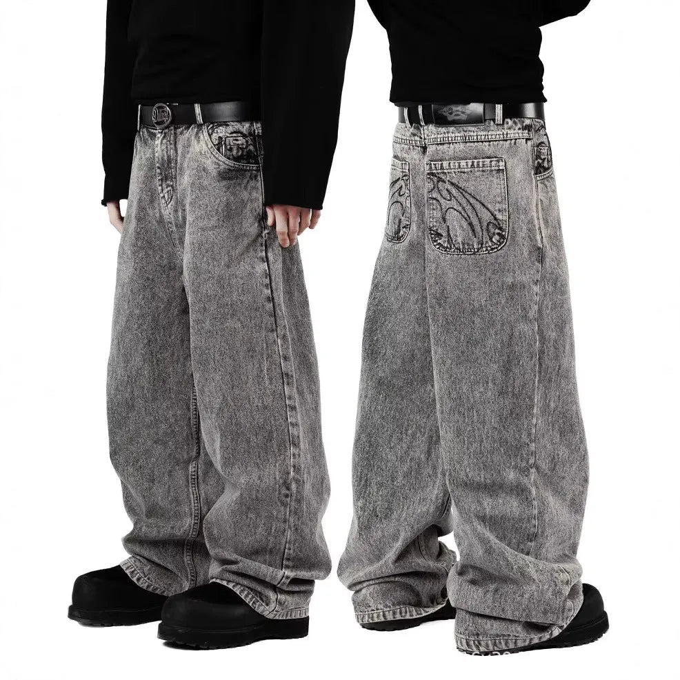 Grey loose fit straight-leg cotton denim trousers on a mid-rise waist mannequin