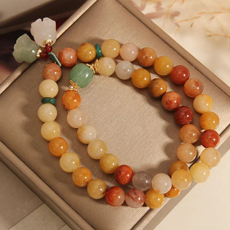 Natural jade multi-layer bracelet with orchid pendant charm and adjustable closure