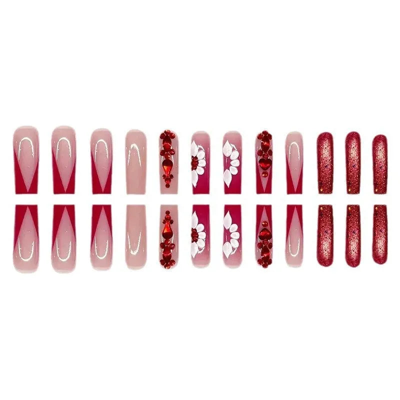 Sweet Flowers Temperament removable fake nails with floral patterns and red diamond accents