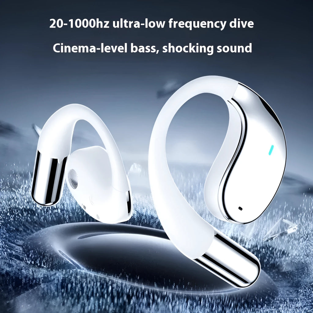 Black sports Bluetooth earphones with ear-hook design, shown next to charging case.