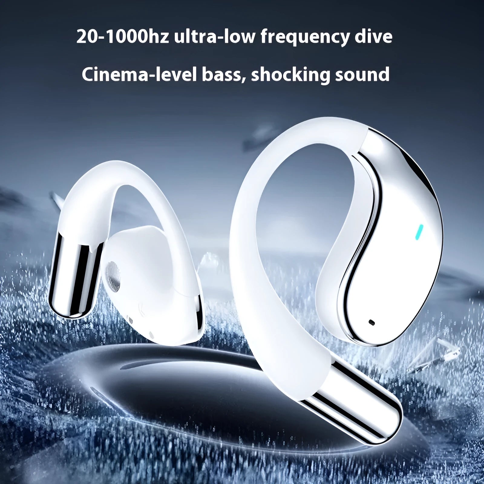 Black sports Bluetooth earphones with ear-hook design, shown next to charging case.
