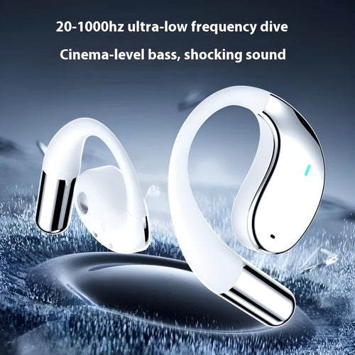 Black sports Bluetooth earphones with ear-hook design, shown next to charging case.