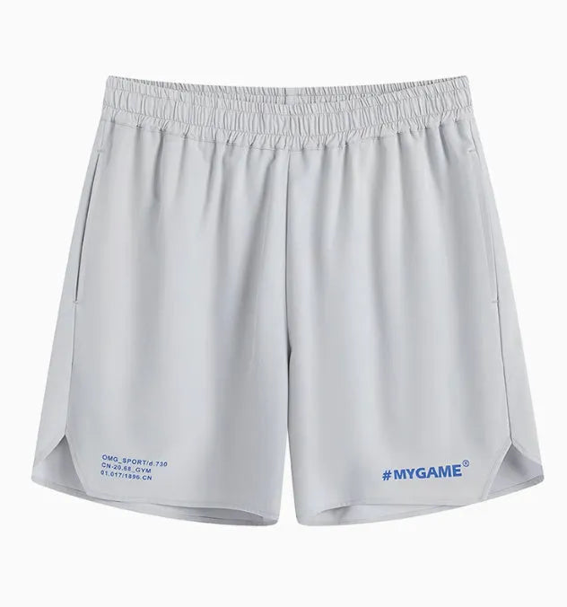 Men's grey fitness training shorts with moisture-wicking quick-dry fabric for workouts