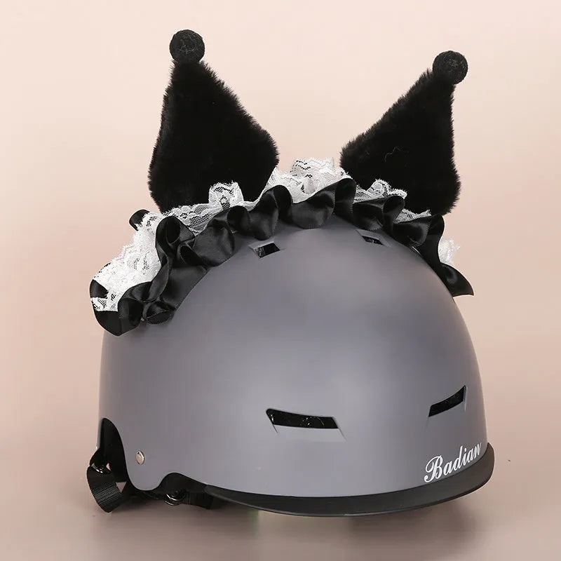 A plush fabric cartoon helmet cover set for adults, showing character designs like a bear and dinosaur for cosplay.