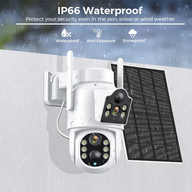 White outdoor solar security camera with attached solar panel for wireless home surveillance