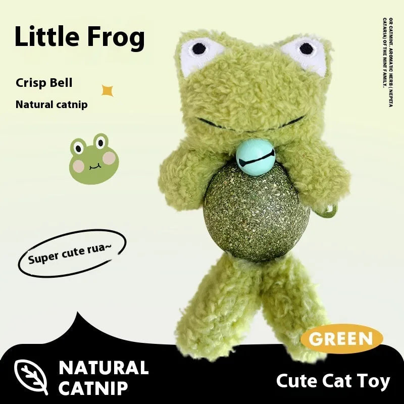 Plush catnip toy shaped like an animal with a bell, shown next to a 4cm mint ball for scale.
