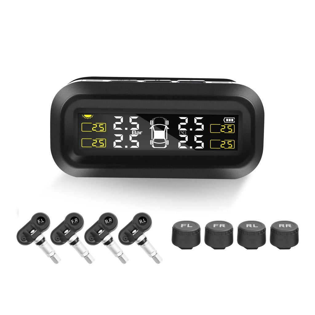 Solar wireless car tyre pressure monitoring system with colour screen and four sensors on a dashboard